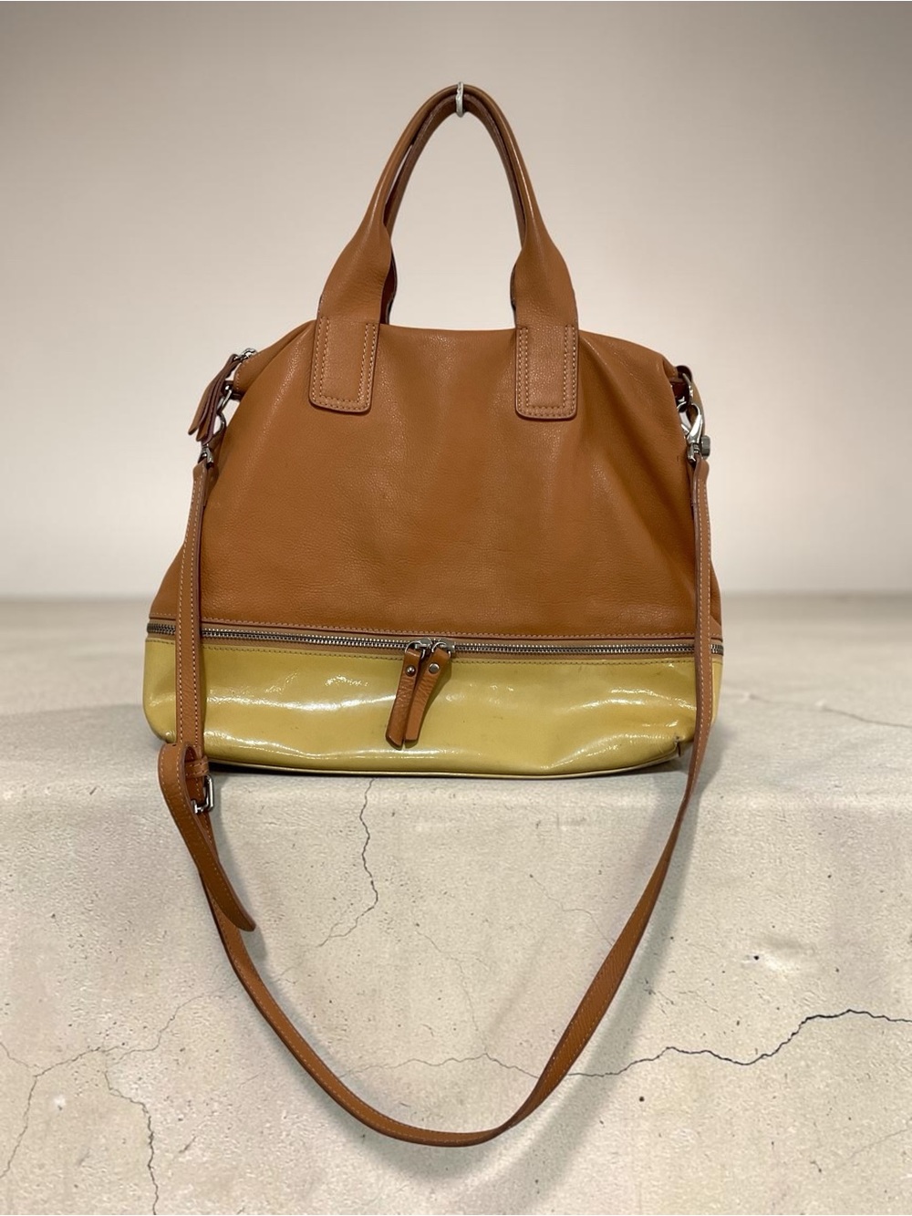 Two-Tone Leather Satchel Bag in Brown and Yellow